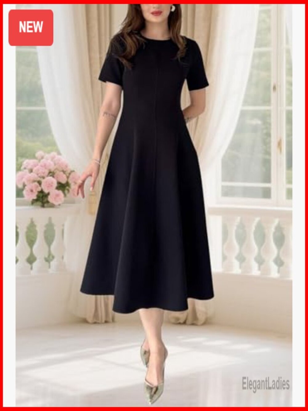 Women's Midi Dress Short Sleeve Fit & Flare A-Line Swing Dress - Picture 3 of 7